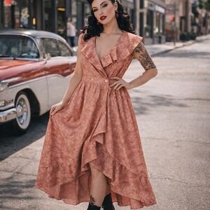 Zara‎ Hi-Lo Pink Jacquard RUuffel Trim Maxi Dress M Rockabilly Retro Pin-Up Vibe
